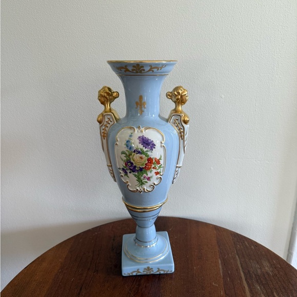 St Regis Other - Vintage ST REGIS Blue Porecelain Vase 13.5" Hand Painted Flower Gold Busts